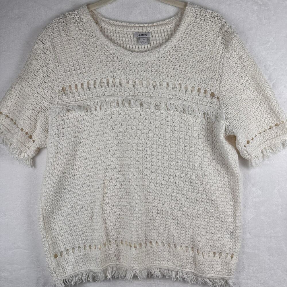 J.Crew Women’s L Ivory Open Knit Fringe Short Sleeve Cotton Sweater Boho